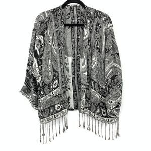 Patterns Bay Womens Black White Jacquard Paisley Fringe Kimono Cardigan Shawl OS